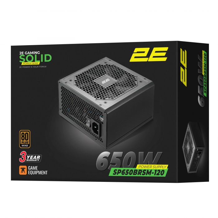 Блок живлення 2E GAMING Solid Power  (650W), >85%, 80+ Bronze, 120мм, 1xMB 24pin(20+4), 2xCPU 8pin(4+4), 3xMolex, 6xSATA, 4xPCIe 8pin(6+2), Semi Modular