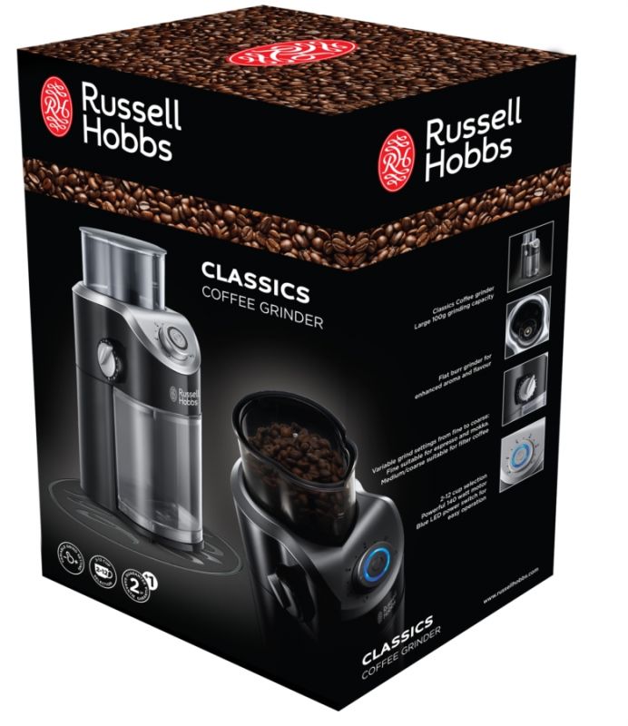 Кавомолка Russell Hobbs жорнова Classic, 100Вт, об'єм зерен-140г, регул.ступеню помолу, пластик, чорний