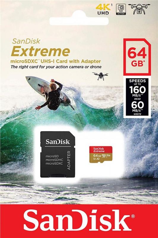 Карта пам'яті SanDisk microSD   64GB C10 UHS-I U3 R160/W60MB/s Extreme V30 + SD