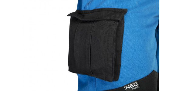 Штани робочі NEO HD+, розмір M (50), 275 г/м2, 100% бавовна, профільовані коліна з відсіком для наколінників, потрійні внутрішні шви, еластична конструкція пояса, міцні кишені, чорно-сині