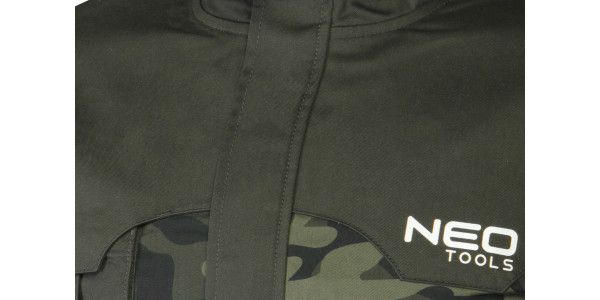 Куртка робоча NEO CAMO, розмір M (50), 255 г/м2, високий комір, регулювання манжет, комбіновані багатофункціональні кишені на блискавці та липучках, камуфляжна
