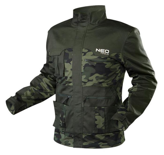 Куртка робоча NEO CAMO, розмір M (50), 255 г/м2, високий комір, регулювання манжет, комбіновані багатофункціональні кишені на блискавці та липучках, камуфляжна