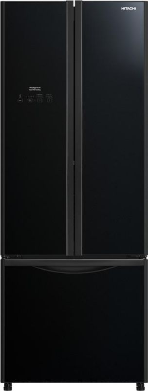 Холодильник Hitachi з нижн. мороз., 180x68х76, холод.відд.-308л, мороз.відд.-107л, 3дв., А+, NF, інв., чорний (скло)