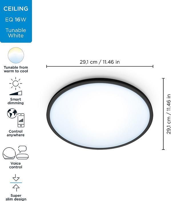 Світильник стельовий розумний WiZ SuperSlim Ceiling, 16W, 1500lm, 29,2см, 2700-6500K, Wi-Fi, чорний
