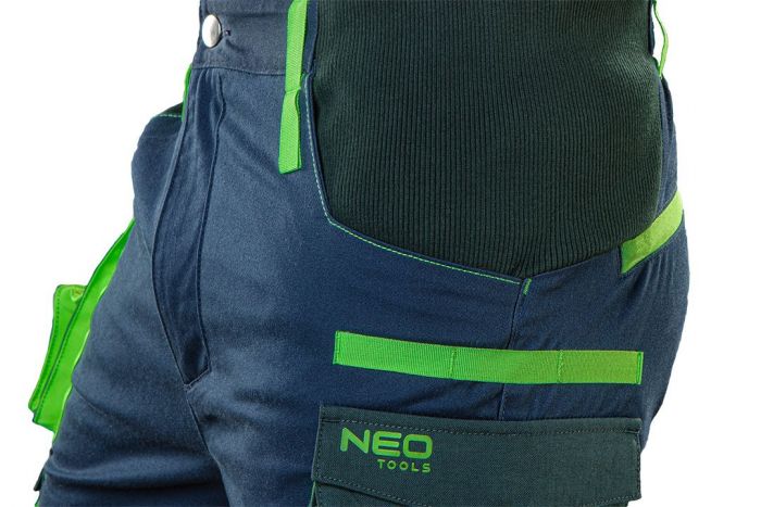 Штани робочі NEO Premium, розмір XXXL (58), 270 г/м2, еластан з посиленою тканиною Cordura, світлоповертаючі елементи, профільовані коліна з відсіком для наколінників, еластична конструкція пояса, міцні кишені, сині