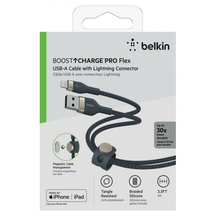 Кабель Belkin USB-A - Lightning плетений, силіконовий, з ремінцем на магніті, 1м, синій
