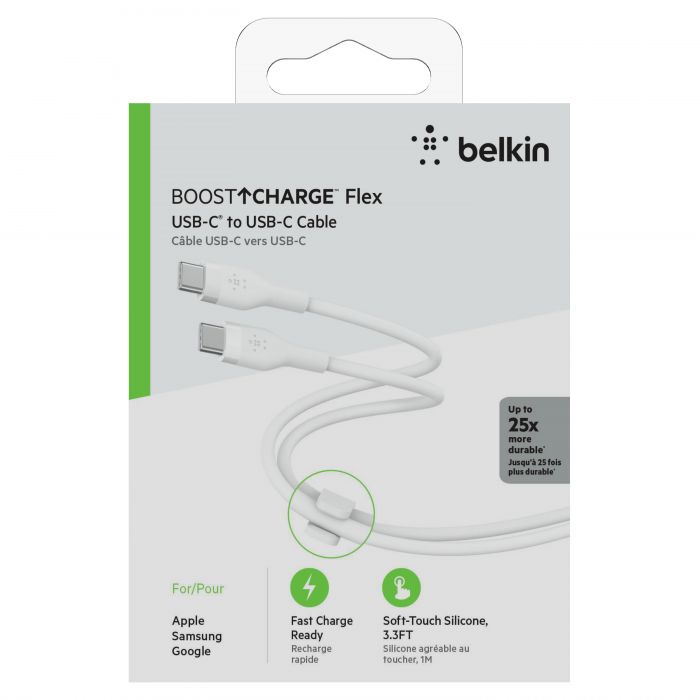 Кабель Belkin USB-С - USB-C силіконовий, з кліпсою, 1м, білий