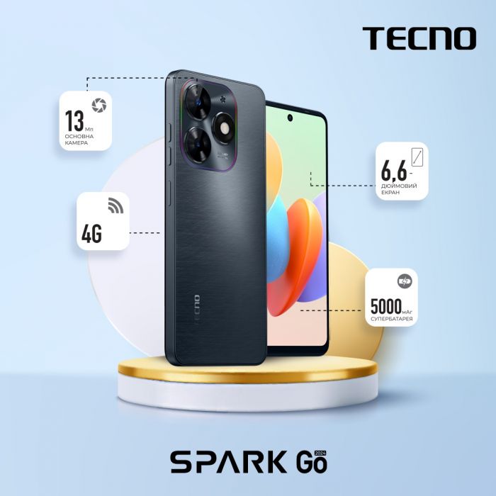 Смартфон TECNO Spark Go 2024 (BG6) 6.56" 3/64ГБ, 2SIM, 5000мА•год, Gravity Black