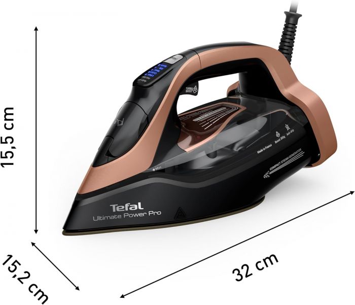 Праска Tefal Ultimate Power Pro, 3200Вт, 350мл, паровий удар -300гр, постійна пара - 85гр, керам. підошва, чорно-золотий