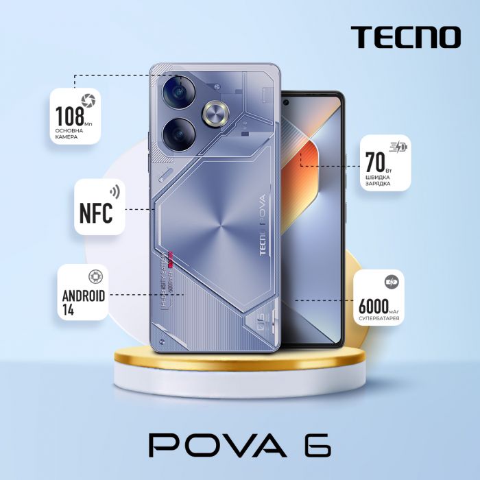 Смартфон TECNO POVA 6 (LI7) 6.78" 12/256ГБ, 2SIM, 6000мА•год, Interstellar Blue