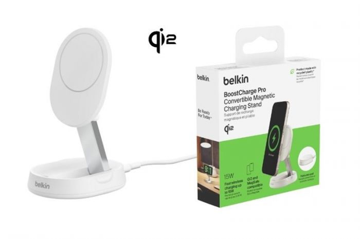 Зарядний пристрій бездротовий Belkin 15Вт Magnetic Stand Qi2, білий