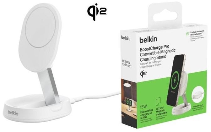 Зарядний пристрій бездротовий Belkin 15Вт Magnetic Stand Qi2, білий