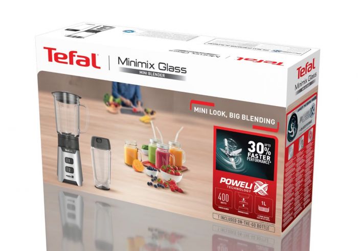 Блендер Tefal стаціонарний Minimix Glass 400Вт, чаша-700мл, ємність для смузі to go, скло, сірий