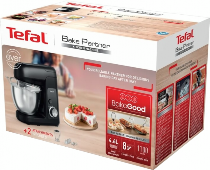 Кухонна машина Tefal Bake Partner 1100Вт, чаша-метал, корпус-пластик, насадок-6, чорний