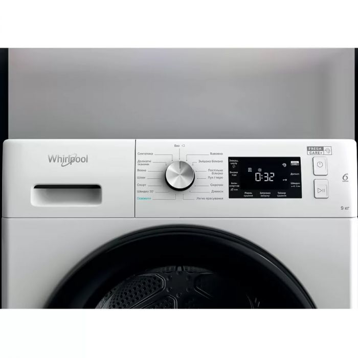 Сушильна машина Whirlpool тепловий насос, 9кг, A++, 65см, дисплей, люк чорний, білий