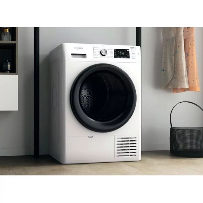 Сушильна машина Whirlpool тепловий насос, 9кг, A++, 65см, дисплей, люк чорний, білий