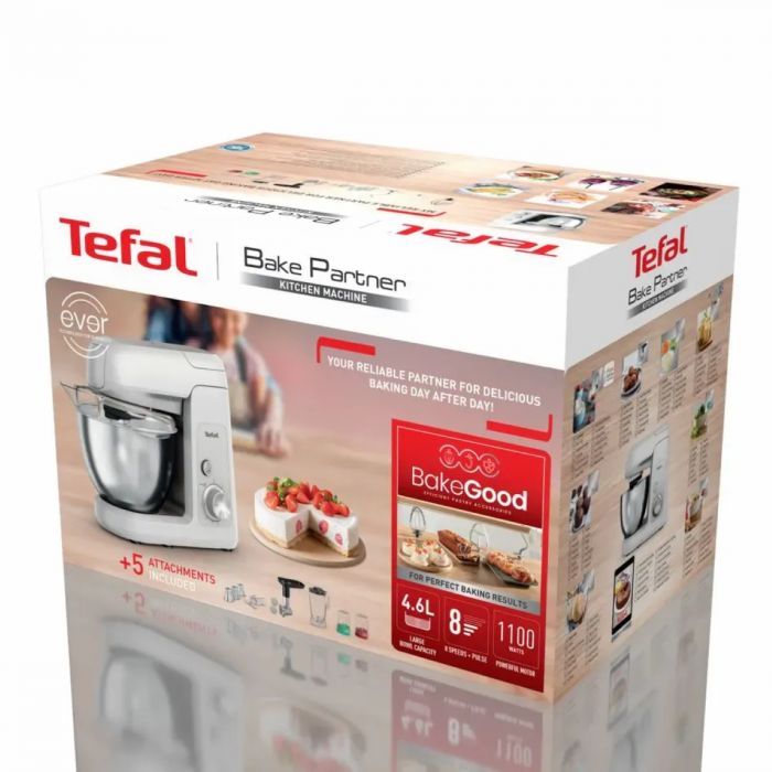 Кухонна машина Tefal Bake Partner 1100Вт, чаша-метал, корпус-пластик, насадок-8, білий