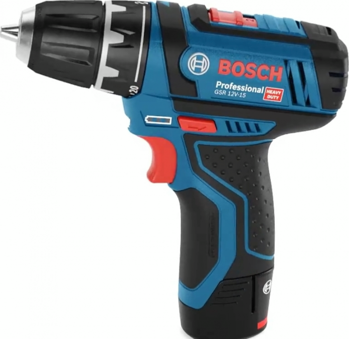 Шурупокрут-дриль акумуляторний Bosch GSR 12V-15 12В 2х2А/год 15-30Нм 0-400/400-1300об·хв 1кг набір 10 біт кейс