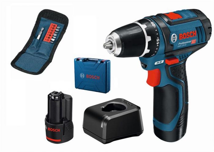 Шурупокрут-дриль акумуляторний Bosch GSR 12V-15 12В 2х2А/год 15-30Нм 0-400/400-1300об·хв 1кг набір 10 біт кейс