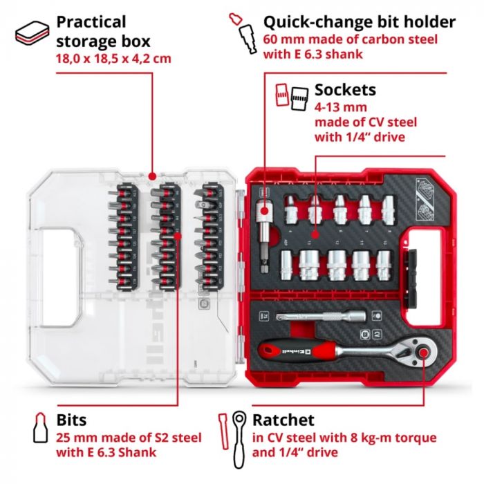 Набір біт і головок Einhell, 1/4" 4-13мм, 37шт, кейс