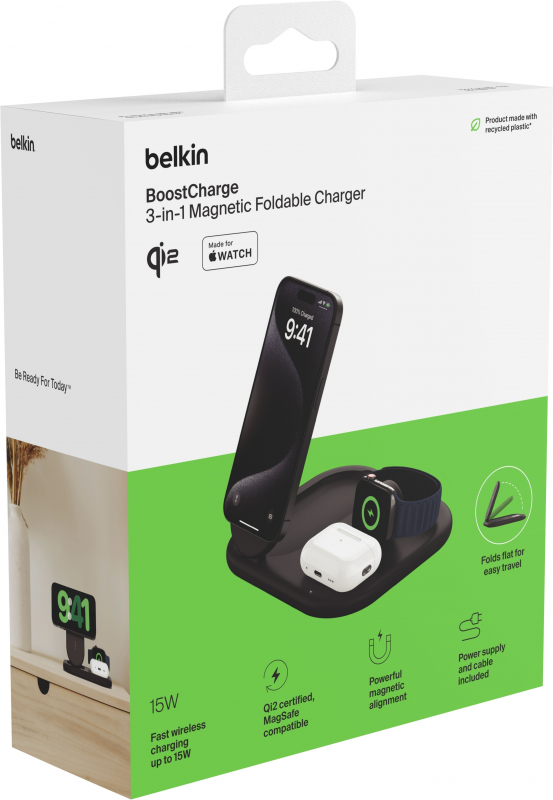 Зарядний пристрій бездротовий Belkin 3в1 Magnetic Foldable iPhone/Watch/AirPods, Qi2 15Вт, чорний