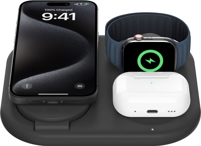 Зарядний пристрій бездротовий Belkin 3в1 Magnetic Foldable iPhone/Watch/AirPods, Qi2 15Вт, чорний