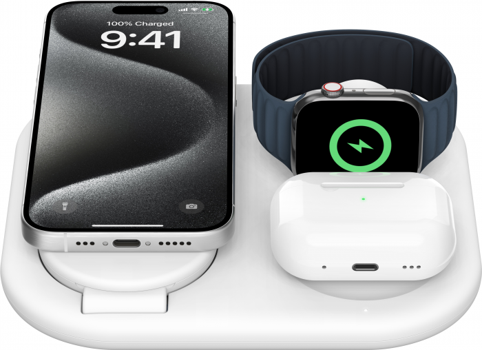 Зарядний пристрій бездротовий Belkin 3в1 Magnetic Foldable iPhone/Watch/AirPods, Qi2 15Вт, білий