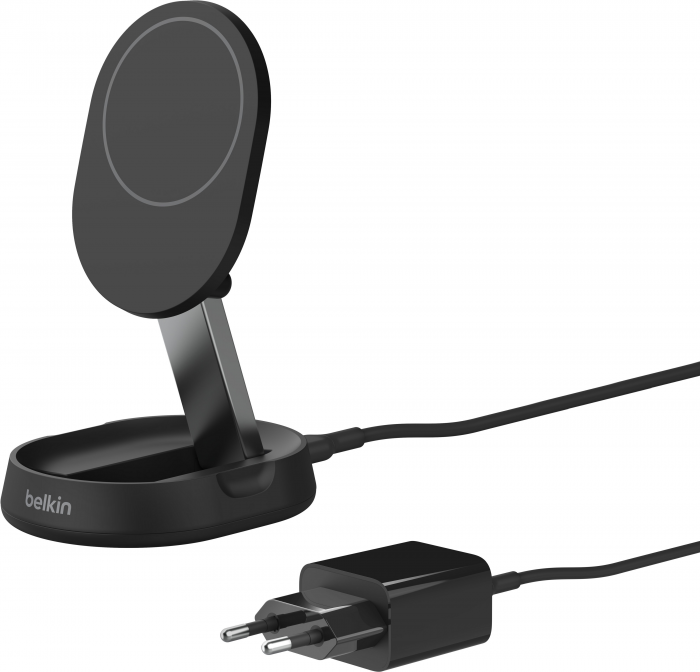 Зарядний пристрій бездротовий Belkin 15Вт Magnetic Stand Qi2, адаптер 20Вт USB-C, чорний