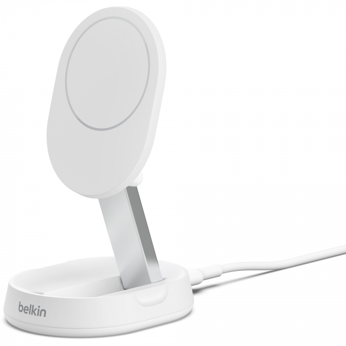 Зарядний пристрій бездротовий Belkin 15Вт Magnetic Stand Qi2, адаптер 20Вт USB-C, білий