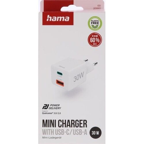 Зарядний пристрій мережевий Hama 30Вт USB-С/USB-A, PD/QC, білий