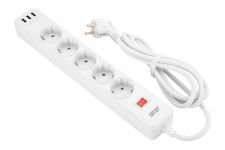 Мережевий фільтр 2E 5XSchuko із захистом від імпульсних стрибків напруги, 3G*1.5мм, 3*USB-A, 2м, white