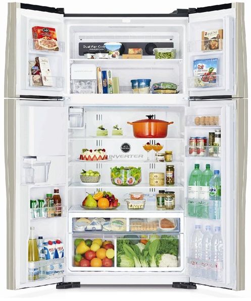 Холодильник з верхньою мороз. HITACHI R-W610PUC4GBK, 176х75х86см, 4 дв., Х- 365л, М- 144л, A+, NF, Інвертор, Чорне скло
