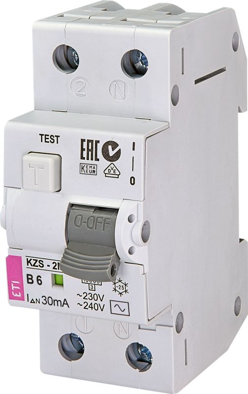 Диференційний автоматичний вимикач ETI KZS-2M B 6/0,03 тип AC (10kA)