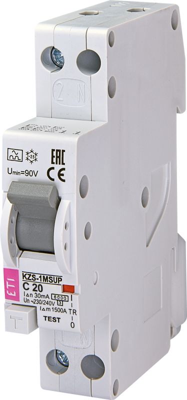 Дифференційний автоматичний вимикач ETI KZS-1M SUP C 20 / 0,03 тип A (6kA) (верхнє з'єднання)
