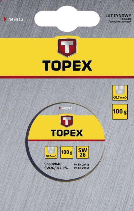 Припій олов'яний TOPEX, Sn60Pb40, флюс SW26, дріт 0.7 мм, 100 г