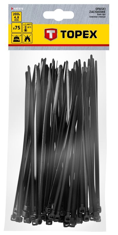 Хомут-стяжка TOPEX, чорний, 4.8x200 мм, пластик, 75 шт.