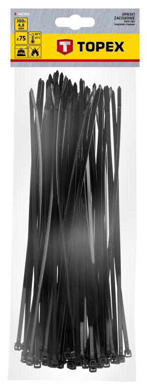 Хомут-стяжка TOPEX, чорний, 4.8х300 мм, пластик, 75 шт.
