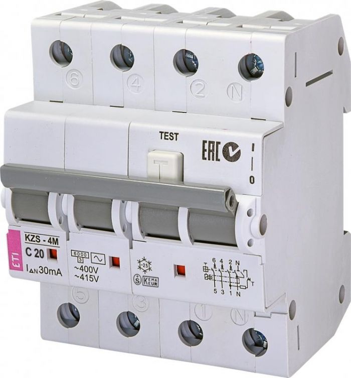 Диференційний автоматичний вимикач  ETI KZS-4M 3p+N C 20/0,03 тип AC (6kA)
