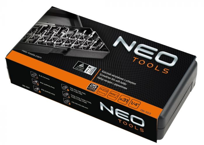 Набір бітів Neo Tools, 31 од., 1/4", тримач, 30 біт 25мм, сталь S2, кейс