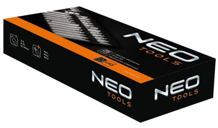 Набір біт Neo Tools, 40 од., два перехідники 1/2" та 3/8", 19 біт 70мм, 19 біт 30мм, сталь S2, кейс