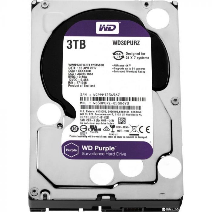 Жорсткий диск WD  3TB 3.5" 5400 64MB SATA Purple Surveillance