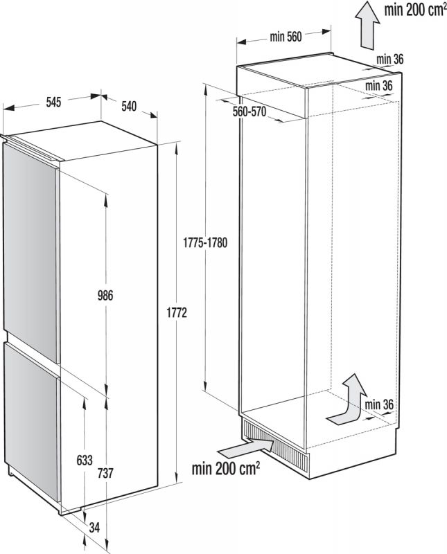 Вбуд. холодильник з мороз. камерою Gorenje NRKI4181E3, 177х55х54см, 2 двері, 180( 68)л, А+, NF+ , Зона св-ті, Внутр. Диспл, Біли