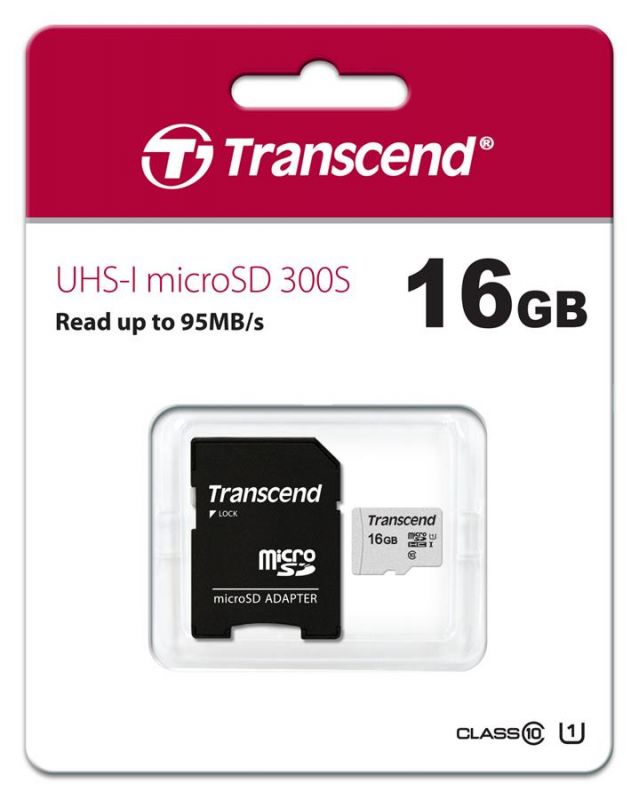 Карта пам'яті Transcend microSD  16GB C10 UHS-I R95/W10MB/s + SD