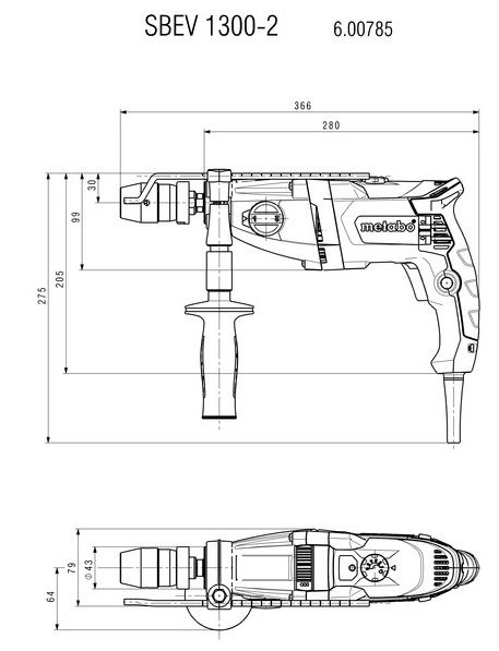 Дриль ударна Metabo SBEV 1300-2, 2 швидкості, ключевий патрон, коробка