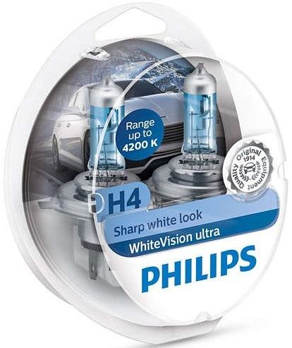 Лампа галогена Philips H4 WhiteVision Ultra +60%, 4200K, 2шт/блистер