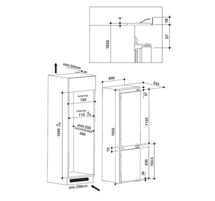 Вбуд. холодильник з мороз. камерою Whirlpool SP40801EU, 193.5х54х69см, 2 дв., Х- 299л, М- 101л, A+, ST, Білий