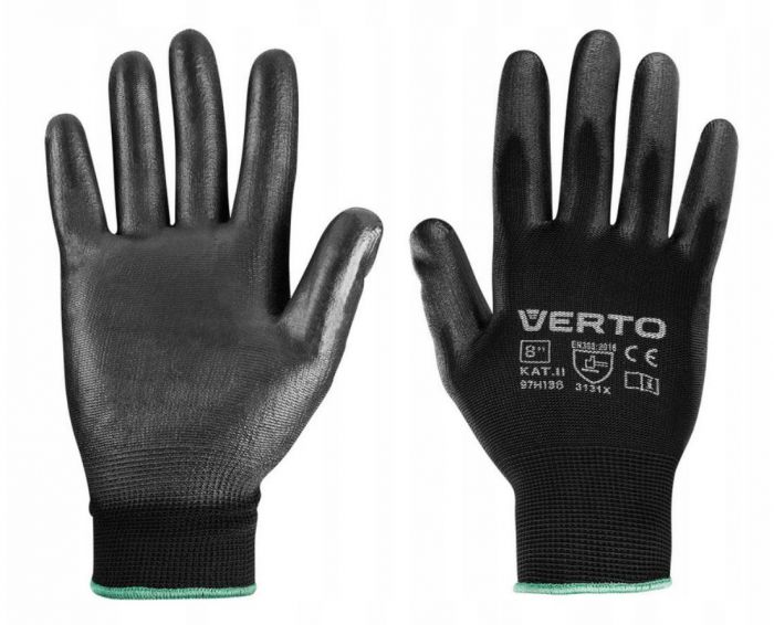 Рукавички робочі Verto, розмір 8, ПУ-покриття, чорний
