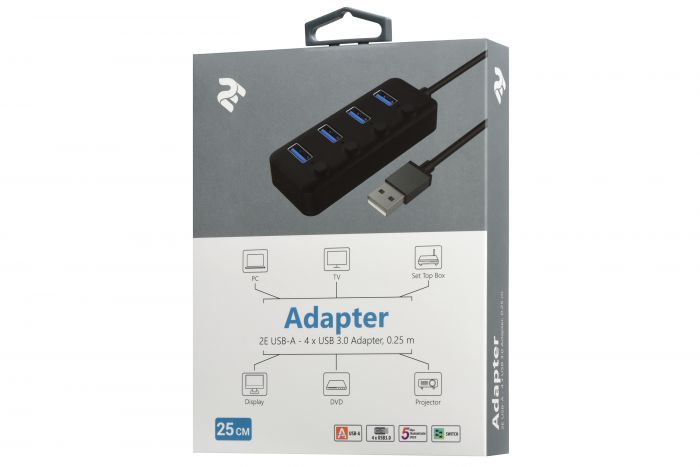 Адаптер 2Е USB-A - 4*USB3.0, Hub with switch, 0.25m