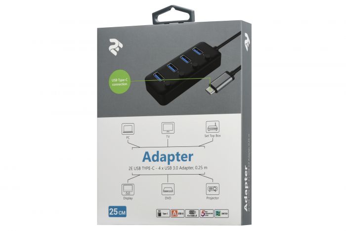 Адаптер 2Е USB-C to 4xUSB3.0, Hub with switch, 0.25 м