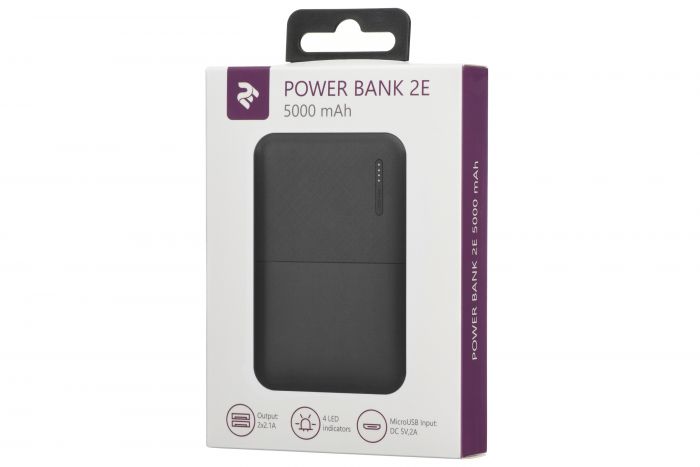 Портативний зарядний пристрій Power Bank 2E 5000mAh, DC 5V, 2.1A, 4 LED indicator, black